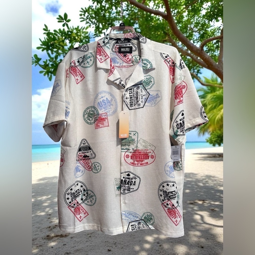 NWT Malibu Mens Size XXL Travel Stamp Polyester Button Down Shirt Multicolor